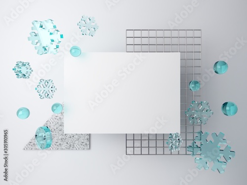 3d minimal winter scene with snowflakes falling. Abstract scene in blue and white winter colors with blank space for banner and grid in the backgroud. Empty mock up, product presentation. 3d render. 