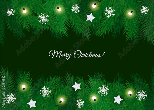 Merry Christmas celebration of winter holiday vector. Poster with greeting text and decorative pine tree branches with garlands and snowflakes. Xmas seasonal event, card or banner flat style