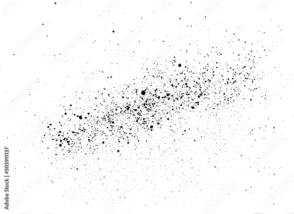 A cluster of black small droplets in the shape of an ellipse like a galaxy. Small spray of black mascara on a white horizontal background. Hand-drawn stock raster illustration. Can be used in collage.