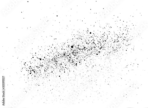 A cluster of black small droplets in the shape of an ellipse like a galaxy. Small spray of black mascara on a white horizontal background. Hand-drawn stock raster illustration. Can be used in collage.