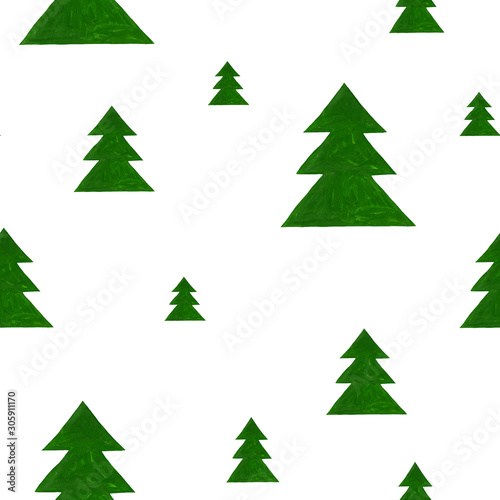 square green christmas tree seamless pattern. The tree is stylized as a geometric silhouette of triangles. Hand-drawn raster stock illustration isolated on white.