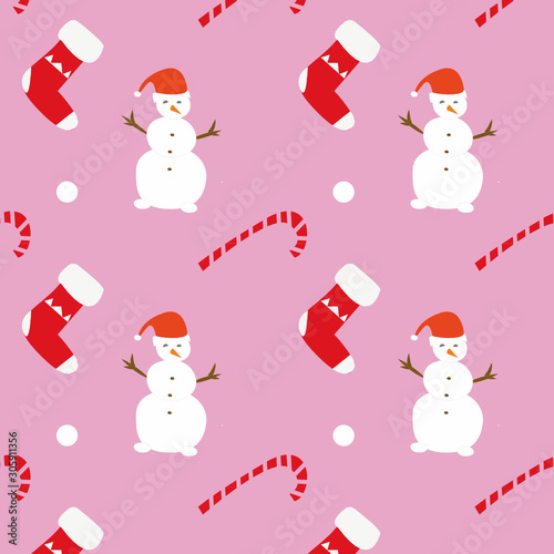 Fototapeta Naklejka Na Ścianę i Meble -  Cartoon winter Merry Christmas and Happy New Year pattern illustration  with cute snowman. Fun flat design. New year.  Fabric and wrapping paper design.