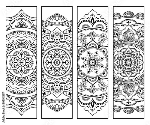 Printable bookmark for book - coloring. Set of black and white labels with flower patterns, hand draw in mehndi style. Sketch of ornaments for creativity of children and adults with colored pencils.
