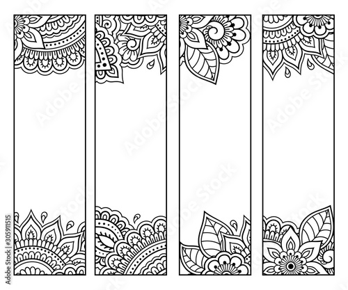 Printable bookmark for book - coloring. Set of black and white labels with flower patterns, hand draw in mehndi style. Sketch of ornaments for creativity of children and adults with colored pencils.
