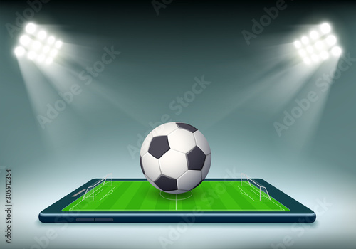 Soccer ball and stadium field on smartphone screen.