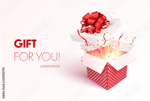 Open gift box with confetti burst explosion isolated. 3d vector background