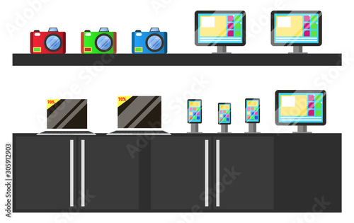 Sale of camera, touchscreen phone, laptop and tv set. Big discounts of wireless device on table, monitor of computer, television and smartphone. Purchase of electronic equipment in marketplace vector