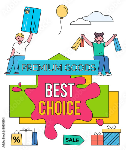 Premium goods vector, banner with geometric shapes. Promotion and propositions for shopper. Man holding credit cards in hands. Woman with bags with purchases, presents and giftbox flat style