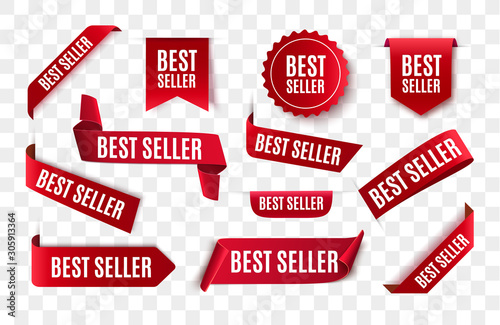 Best seller red ribbon isolated. Vector 3d labels. photo