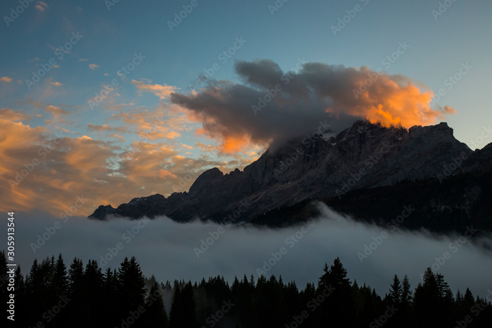 Autumn sunset in Dolomites, Alps, Italy