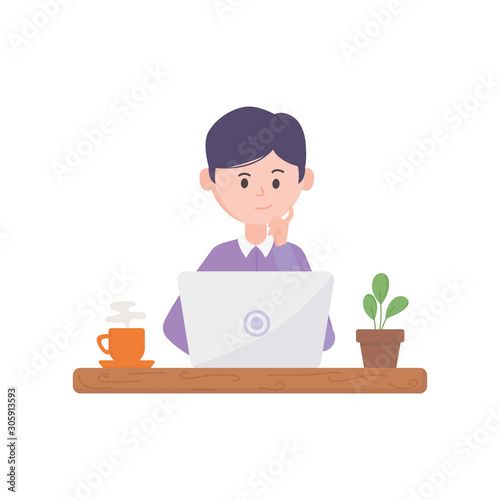 young man using laptop with coffee and plant