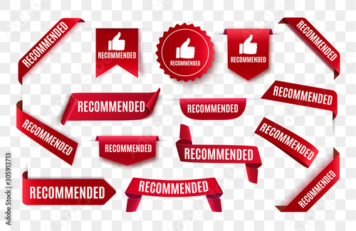 Recommended tag isolated. Vector red label or sticker. Recommendation sign banner