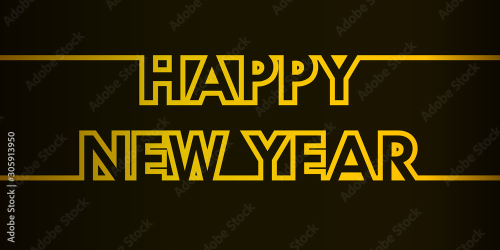Happy New Year - greeting card, invitation, poster, flyer - golden continuous outline letters - vector