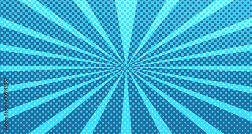 Vintage colorful comic book background. Blue blank bubbles of different shapes. Rays, radial, halftone, dotted effects. For sale banner for your designe 1960s. With copy space eps10.