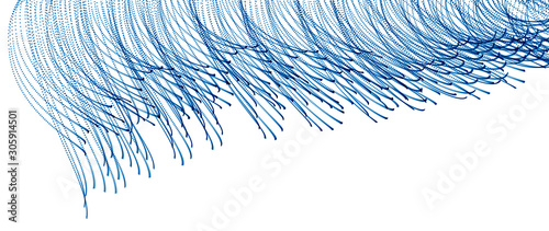 Vector abstract background with wave of flowing particles, smooth curve shape lines, transparent tulle textile on wind. 3d shape dots magic blended mesh.