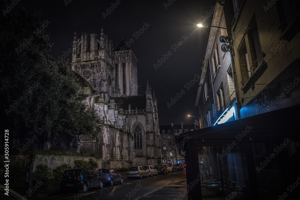 The night streets of the French city of Caen