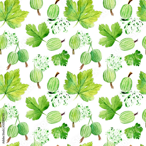 Seamless pattern with gooseberry. Watercolor work. © Sarema