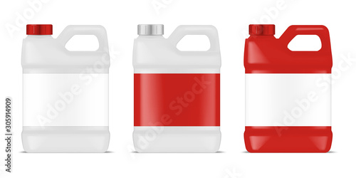 Plastic canister with blank label set. Large bottle container with handle and screw cap. Industrial packaging for chemicals, cleaners, detergents and other liquid products. Vector template