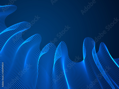 3d magic particles mesh array over dark, sound wave flowing, transparent tulle textile on wind. Round points vector effect illustration. Blended mesh, calming relaxing wallpaper.
