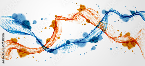 Mutual array of particles flowing, double dynamic sound wave. 3d vector illustration. Mesh round dots, beautiful relaxing wallpaper illustration.