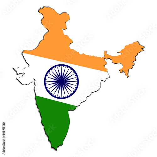 Creative map of India with national Indian tricolor flag and blue wheel Ashoka Chakra. Design element with shadow. Template for background, banner, card, poster. Vector EPS10 illustration.
