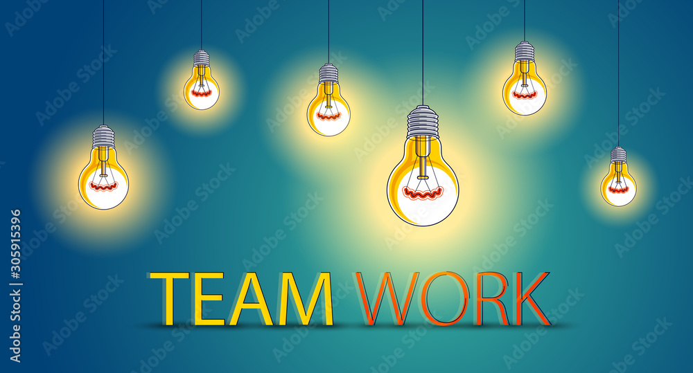 Creative team concept, group of five shining light bulbs represents idea of creative people teamwork having ideas working together, vector illustration. Creative team concept, group of five shining light bulbs represents idea of creative people teamwork having ideas working together, vector illustration.