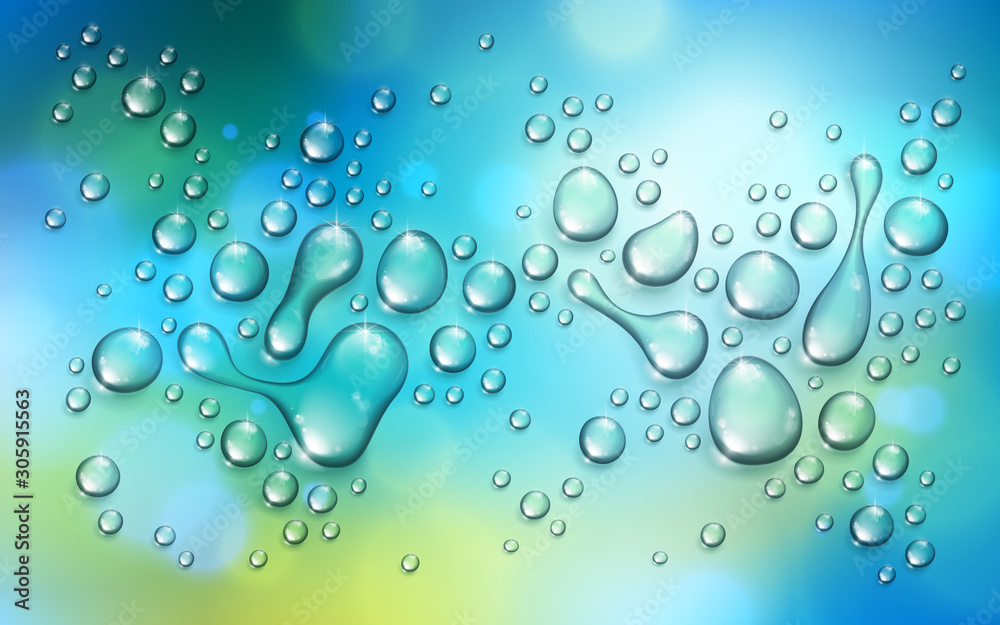 Water rain drops or condensation over blurred green nature background beyond the window, realistic transparent 3d vector illustration, easy to put over any background. Water rain drops or condensation over blurred green nature background beyond the window, realistic transparent 3d vector illustration, easy to put over any background.