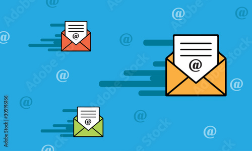 Flat design of sending mail icon. Marketing email concept. Color flying envelopes isolated. Vector illustration.