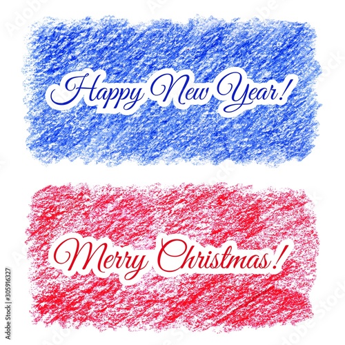 Hatched restangles set with New Year and Christmas greetings. Grunge stickers. Greeting labels. Website decorative elements. Background for congratulations. photo