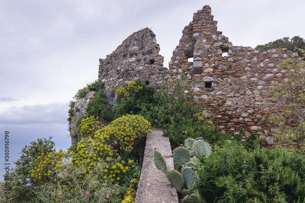 Ruined walls of castle in Castelmola, small town on Sicily Island, Italy