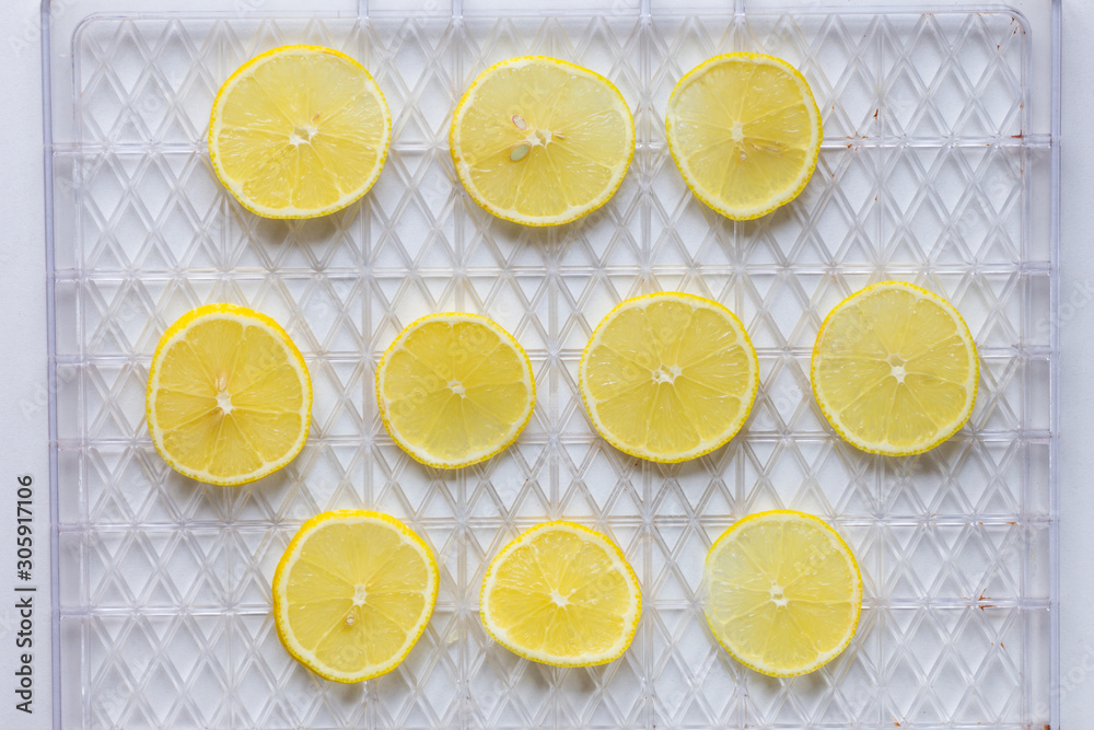 Cutted lemon on dehydrator grid on white background Cutted lemon on dehydrator grid on white background