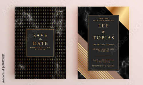 Beautiful set of wedding card templates. Gold collection of geometrical polyhedron, art deco style for wedding invitation, luxury templates, decorative patterns.