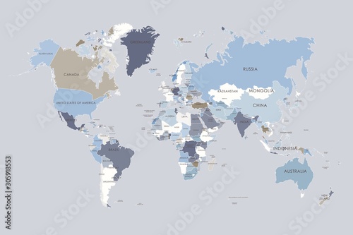 World map in four colors on background. High detail political map with country names.