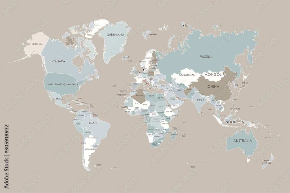 World map in four colors on background. High detail political map with ...