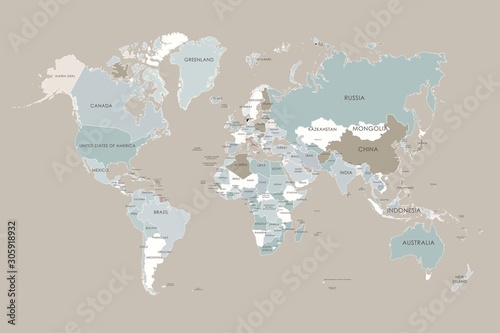 World map in four colors on background. High detail political map with country names.