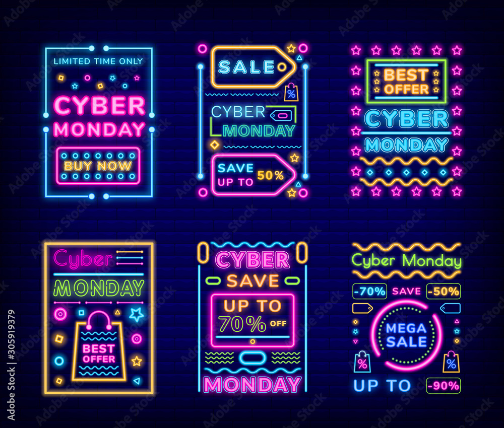 Cyber monday set of discount cards vector. Neon signs and fonts. Reduction of price and sales for clients of shops and stores. Online buying of production, pricetag with percents illustration
