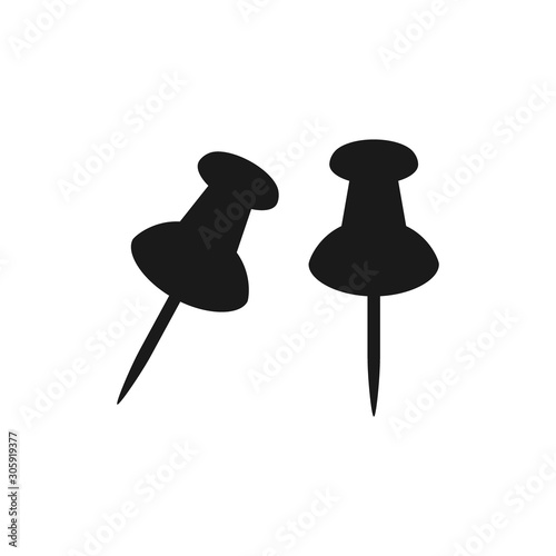 Pushpin simple black vector set. Drawing or push pin glyph symbol.