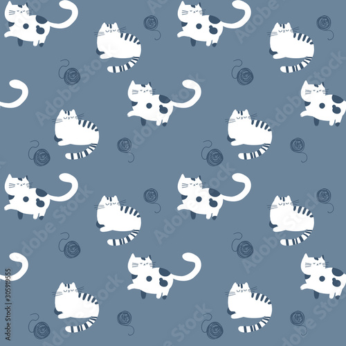 Cute seamless pattern with funny cat on blue background