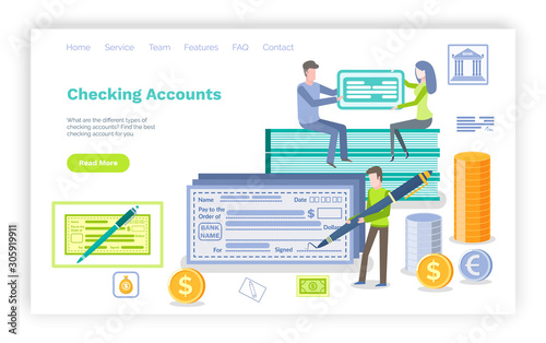 Checking accounts vector, person holding pen signing bill and check, financial transactions, dollars and coins banknotes and payment set. Website or webpage template, landing page flat style