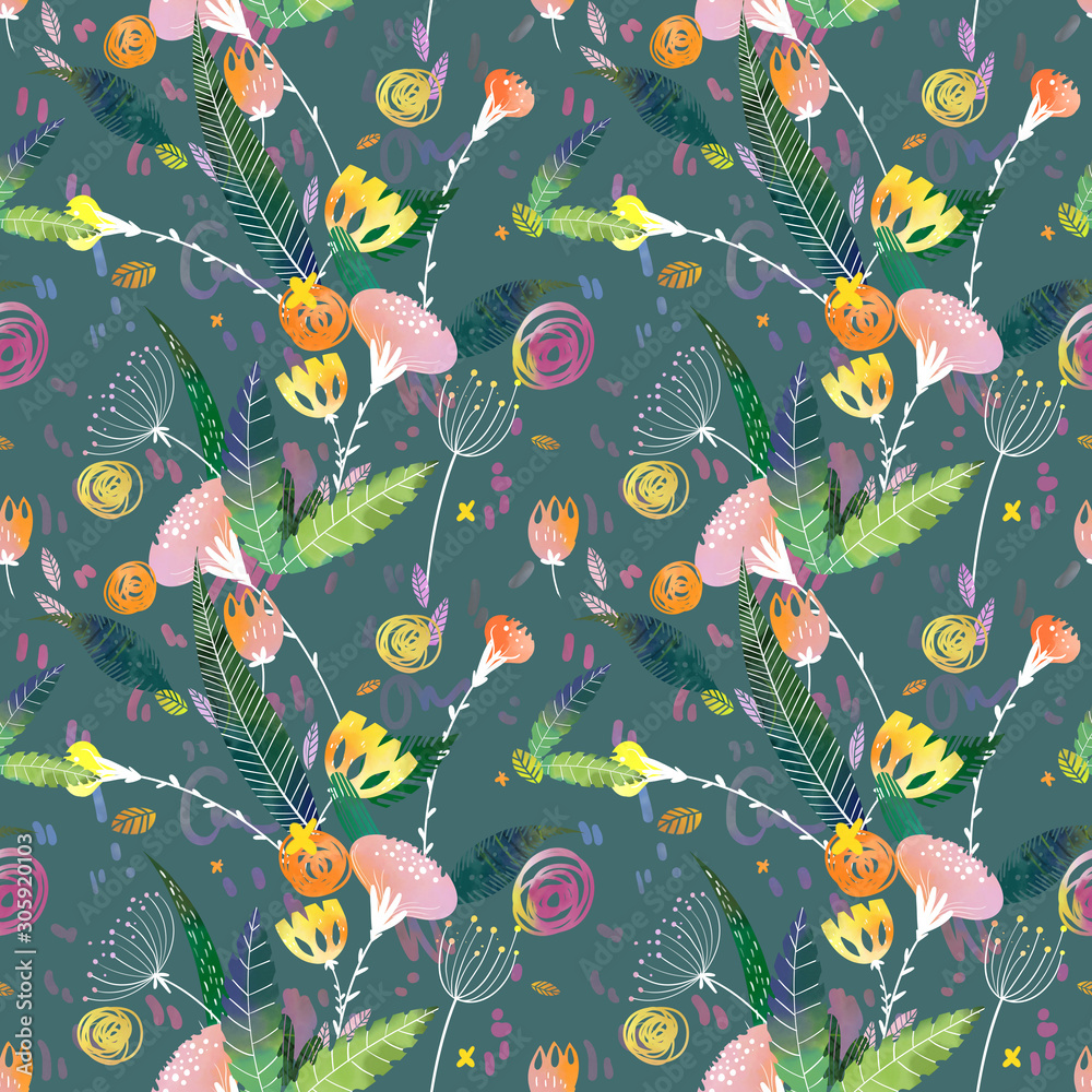 Fototapeta premium Seamless jungle pattern with fantasy flower orange and yellow color, also with some green leaves and violets elements on green back