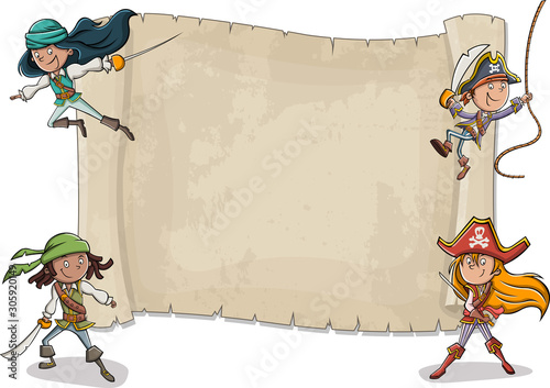 Big pirate map and cartoon pirate children