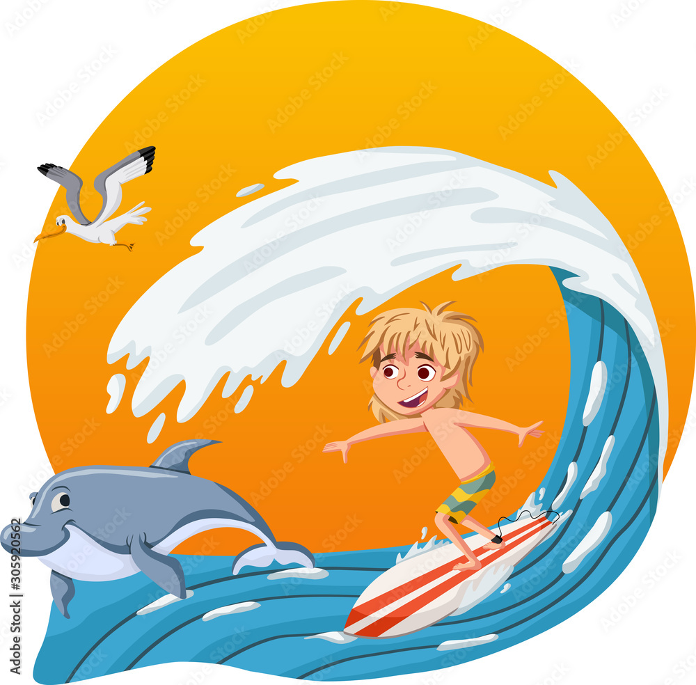 Cartoon boy surfing a big wave. Teenager riding a surfboard.