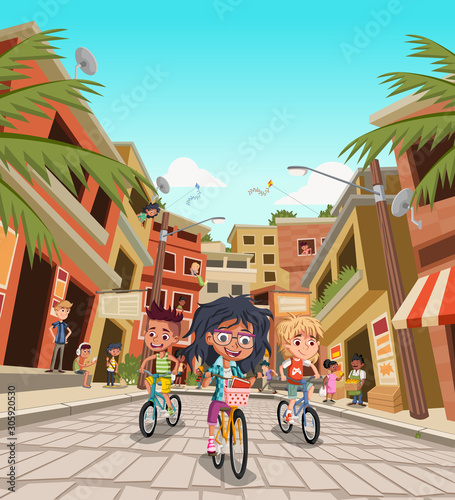 Children riding bicycles on the street of poor neighborhood. Cartoon people on the street. Slum. Favela.
