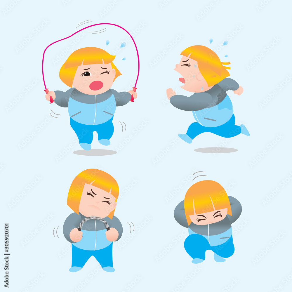 Funny vector illustration of fat woman doing excercising. Concept of Strong healthy fat woman. cartoon Funny vector illustration of fat woman doing excercising. Concept of Strong healthy fat woman. cartoon