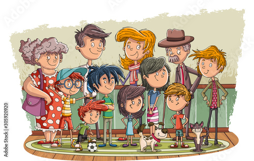 Colorful happy cartoon people. Big family.