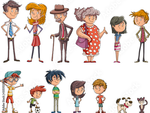 Colorful happy cartoon people. Big family.