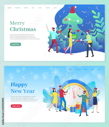 Merry Christmas vector, celebration of new year and winter holidays. People by pine tree drinking champagne and exchanging gifts. Clock and foliage decor. Website or webpage template, landing page