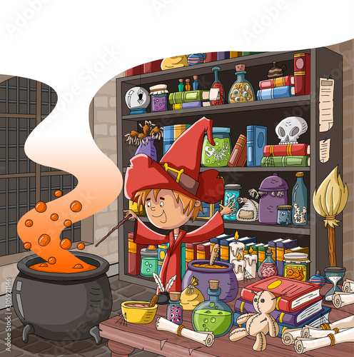Cartoon wizard working on magic potion in boiling cauldron. Sorcerer using magic spells on alchemy lab.