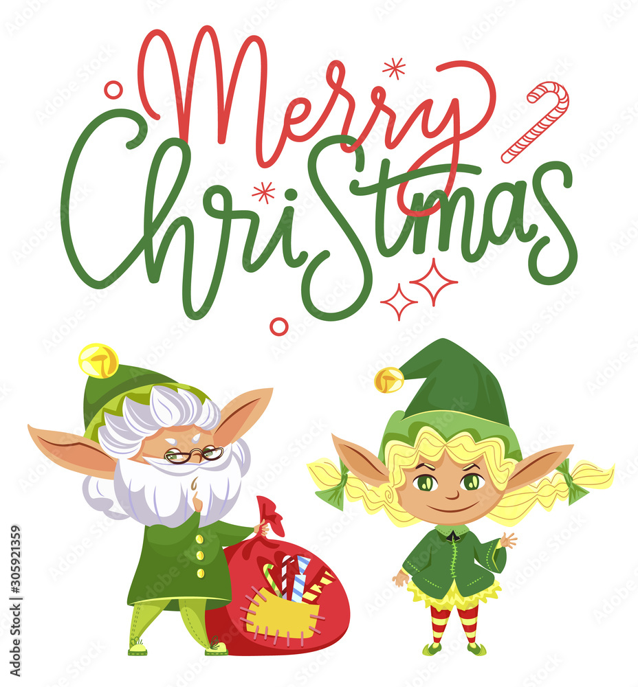 Merry christmas caption, greeting card. Two elves preparing gifts for kids on xmas holiday. Fairy character with sack of presents and little girl, santa claus helpers. Vector illustration in flat