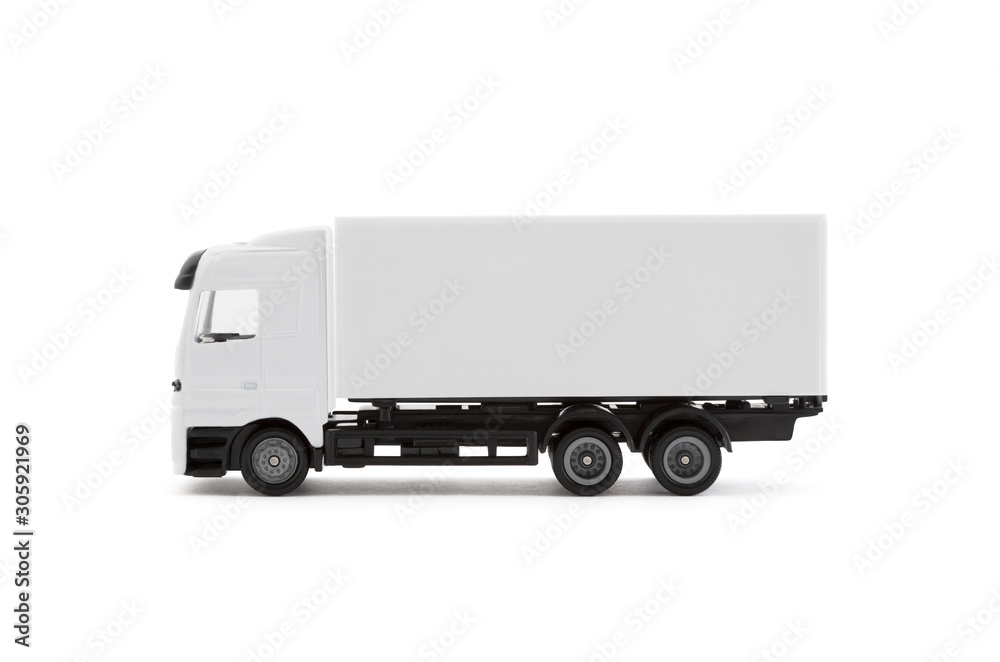 White cargo delivery truck miniature isolated on white background with clipping path White cargo delivery truck miniature isolated on white background with clipping path